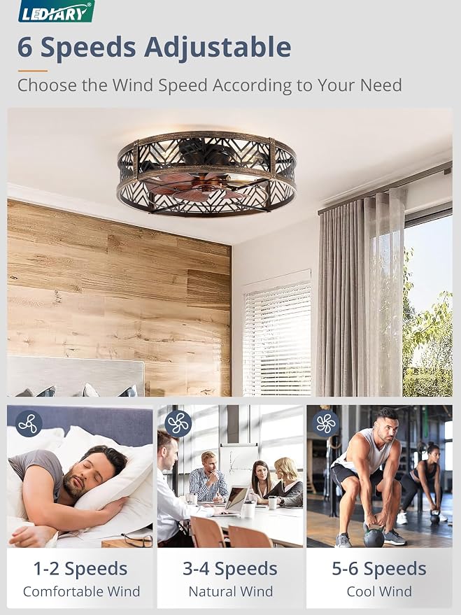 LEDIARY 23" Caged Ceiling Fan with Light, Large Flush Mount, App&Remote Control, Low Profile Bladeless Fan Light Fixture 6 Speed, Reversible and Quiet Motor-Black Gold