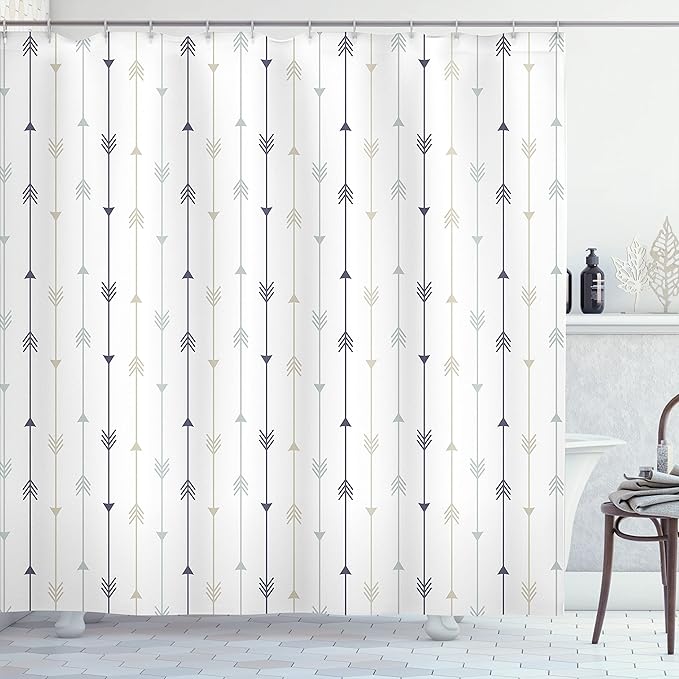 Ambesonne Arrows Shower Curtain, Vertical Geometric Monochrome Hipster Line Pattern with Vintage Arrows, Cloth Fabric Bathroom Decor Set with Hooks, 69" W x 75" L, Dimgray White