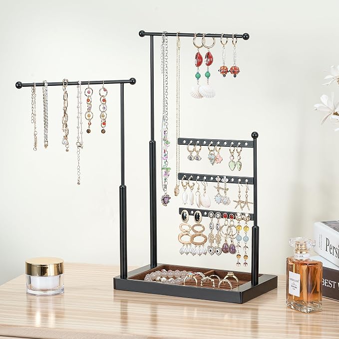 pickpiff Jewelry Organizer Holder Stand: 3 Tier Jewelry Storage Display for Necklace, Bracelet, Earring, Ring, Black & Brown