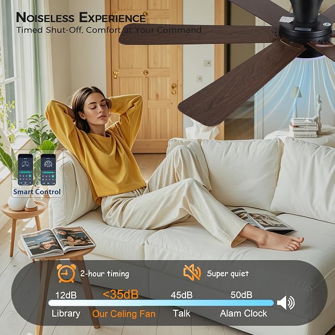 GJeg Ceiling Fans with Lights,46" Low Profile Ceiling Fan with Light and Remote Control,Flush Mount, Reversible, Dimmable, Noiseless, Brown Ceiling Fan for Bedroom