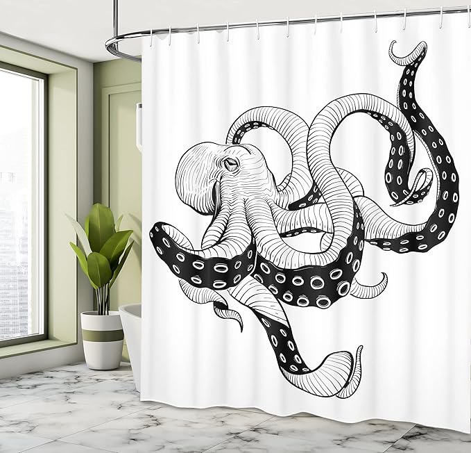 Ambesonne Octopus Shower Curtain, Octopus Vintage Style Illustration Kraken Sea Creature with Tentacles Nautical, Cloth Fabric Bathroom Decor Set with Hooks, 69" W x 84" L, White Charcoal