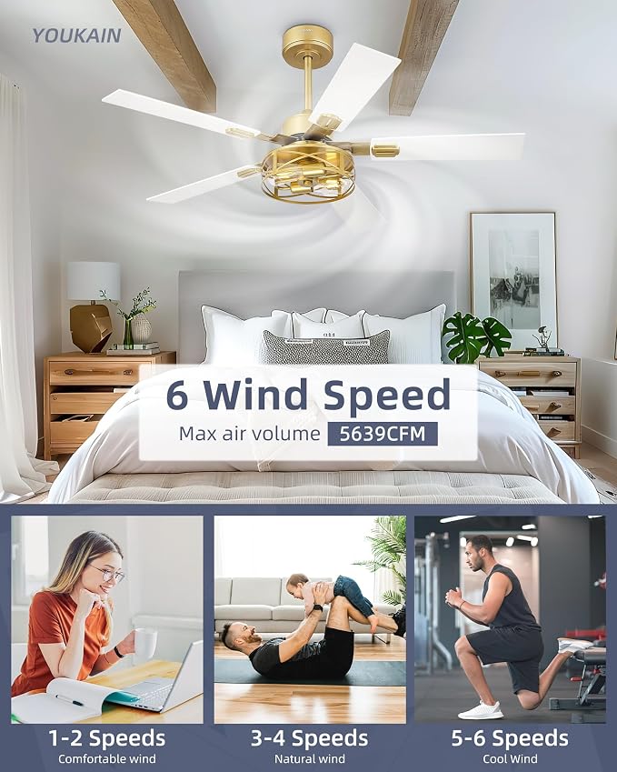 YOUKAIN 48 Inch Ceiling Fans with Lights, Farmhouse Ceiling Fans with Wall Switch and Remote Control, 5-Reversible, Gold Finish, Outdoor Ceiling Fan for Cover Patio, 48-YJ632-GDW-WS