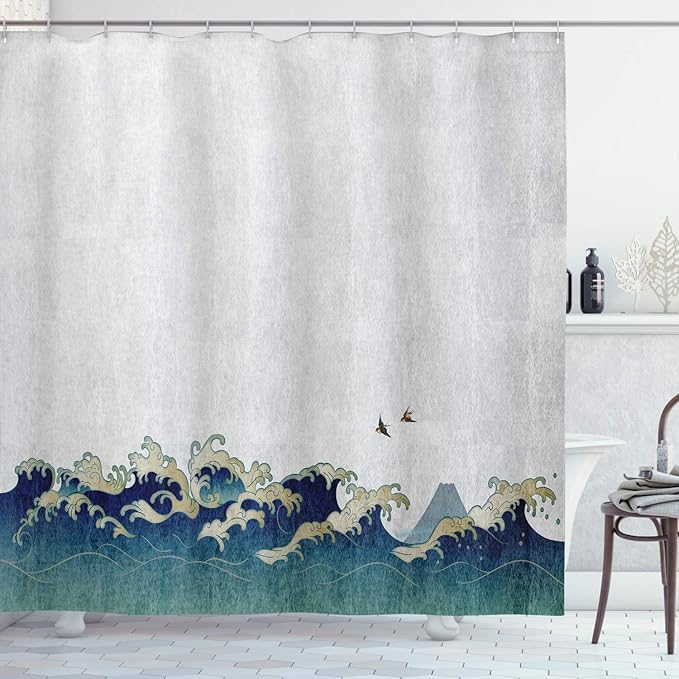 Ambesonne Japanese Wave Shower Curtain, Aquatic Swirls Birds of Ocean Ukiyo-e Style Art Greyscale Background, Cloth Fabric Bathroom Decor Set with Hooks, 69" W x 70" L, Grey Blue