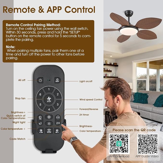 Wiviniya 48 Inch Tropical Ceiling Fans with Lights, Palm Leaf Outdoor Ceiling Fan with Light for Patios Porch Bedroom Living Room, Remote/APP Control, Reversible Quiet DC Motor, Dimmable LED, Brown