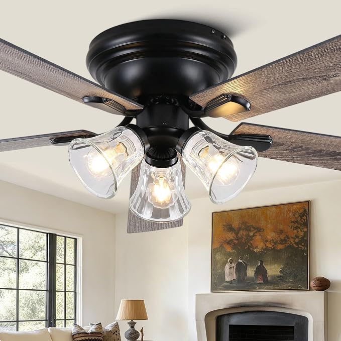 52" Flush Mount Crystal Ceiling Fan with Lights and Remote | Rustic Chandelier Ceiling Fan, Low Profile Farmhouse Fandelier for Bedroom Living Room Kitchen, 3 E12 Bulbs (Not Included)