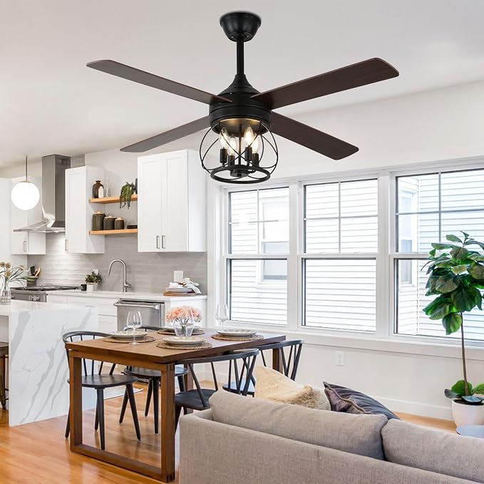 52" Farmhouse Ceiling Fan with Lights and Remote, Rustic Ceiling Fan Black Caged Fandelier 4-Lights Industrial Chandelier for Bedroom Living Room, Reversible Quiet DC Motor 6 Speeds