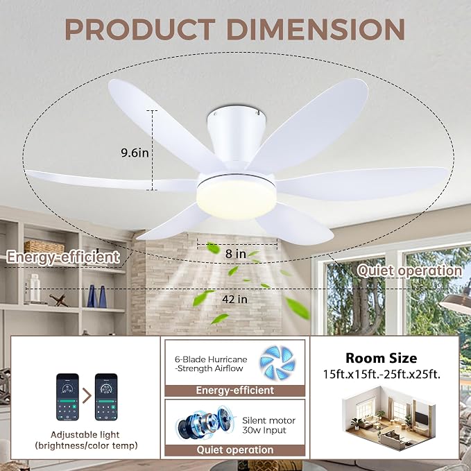 GJeg Ceiling Fans with Lights,42" Low Profile Ceiling Fan with Light and Remote Control,Flush Mount, Reversible, Dimmable, Noiseless, White Ceiling Fan for Bedroom