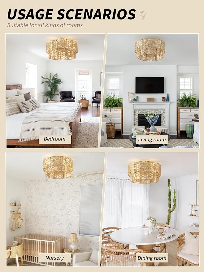 Flush Mount Ceiling Fan with Lights Low Profile, 20" Rattan Boho Ceiling Fan with Light Remote Control, Bladeless Caged with 6 Speeds for Bedroom, Living Room, Nursery