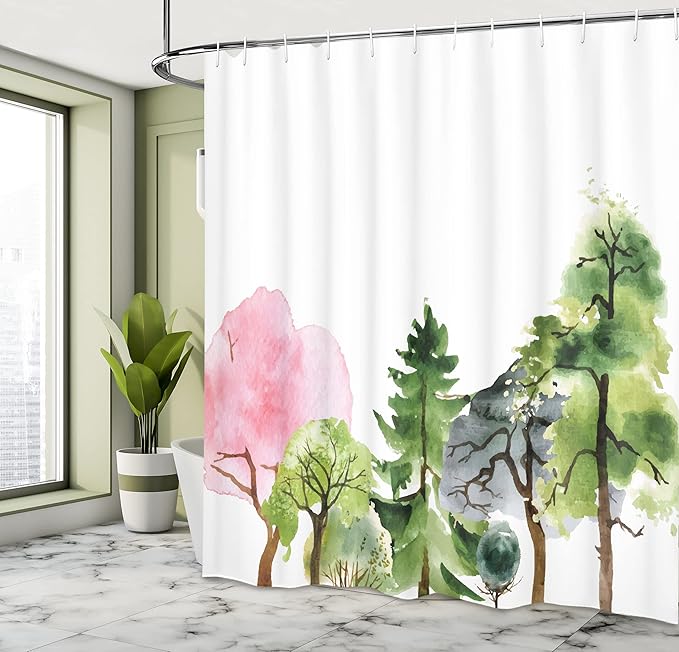 Ambesonne Forest Shower Curtain, Colorful Forest with Oak and Willow Growth Purity Nobility in Mother Earth Theme Art, Cloth Fabric Bathroom Decor Set with Hooks, 69" W x 70" L, Green Magenta