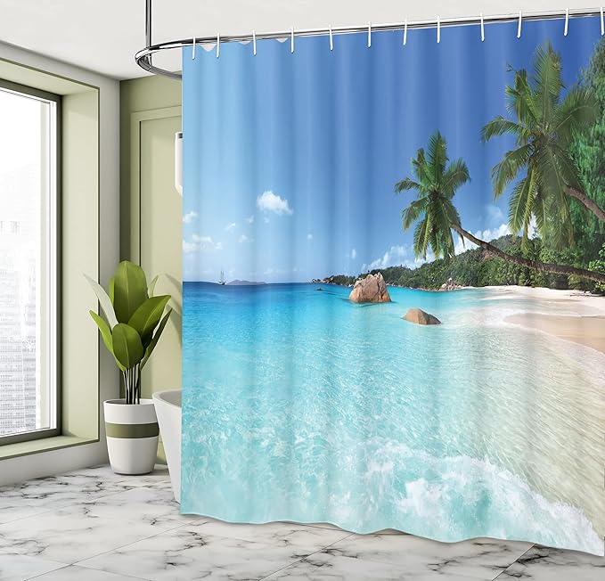 Ambesonne Ocean Shower Curtain, ANSE Lazio Beach at Praslin Island Surfing Beach Scenic View Travel, Cloth Fabric Bathroom Decor Set with Hooks, 69" W x 84" L, Blue Turquoise