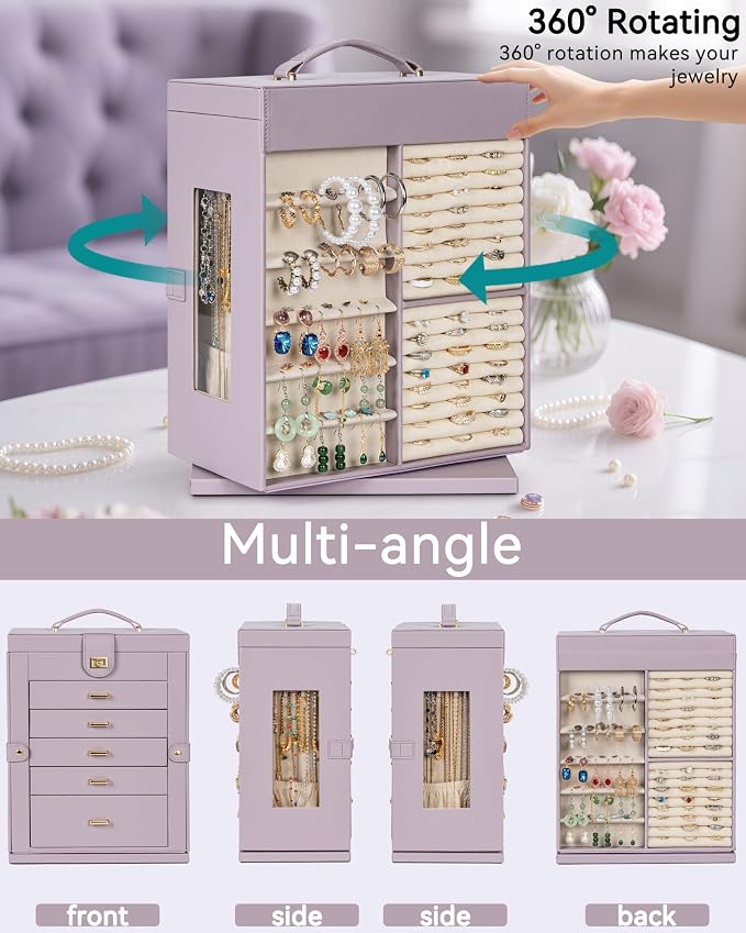 AKOZLIN 6-Tier Jewelry Box Organizer Functional 5 Drawers Leather Jewelry Storage Case for Women Girls Ring Necklace Earring Bracelet Holder Organizer with Mirror XL Purple 360° Rotating