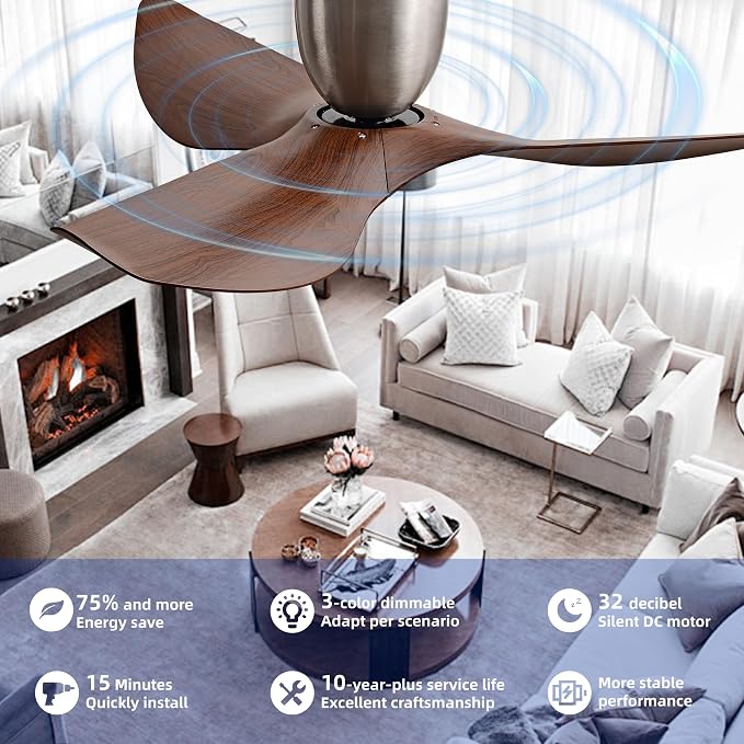 52" Walnut Finish Flush Mount Ceiling Fan with Remote, No Light | Modern Low-Profile, Heat Resistant ABS Blades, 6-Speed Reversible Quiet DC Motor for Balcony, Living Room, Bedroom