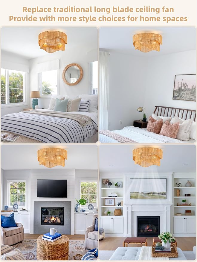 Flush Mount Ceiling Fan with Lights, 20" Low Profile Boho Ceiling Fan with Light Remote Control, Caged Rattan with 6 Speeds for Bedroom, Nursery, Living Room