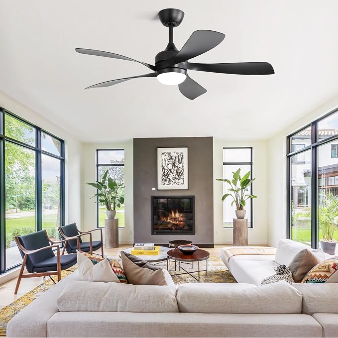 CACI Mall 52 inch Black Ceiling Fans with Lights, Remote Control, Modern, Low Profile, Outdoor Ceiling Fan with 5 Blades, Quiet Reversible DC Motor for Living Room, Bedroom, Patios