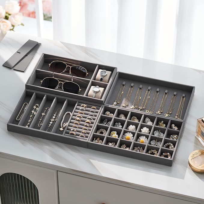 Velvet Jewelry Drawer Organizer Trays – Large Grey Stackable Jewelry Storage Inserts Set, 4-Layer Jewelry Tray Set for Earrings, Rings, Necklaces, Bracelets with Removable Dividers for Dresser, Vanity