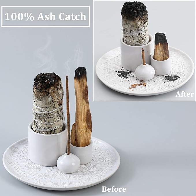 5 in 1 Incense Holder Burner, 5.9" Ceramic Holder for Burning Palo Santo Sage Candle and Incense Sticks Cones, Ash Catcher Tray for Meditation Room Home Décor (White)