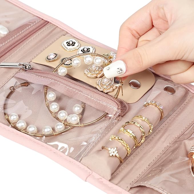 BELALIFE Travel Jewelry Case, Jewelry Organizer Roll for Accessories | Bag with foldable roll design for earrings, necklaces, rings, bracelets and brooches,Pink