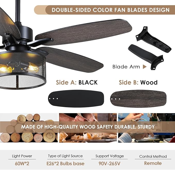 Hounberi 48 Inch Farmhouse Ceiling Fan with Light and Remote, Industrial Black Caged Ceiling Fan, Dual Finish 5 Blades, 6-Speed Reversible DC Motor, Industrial Ceiling Fans for Bedroom, Living Room