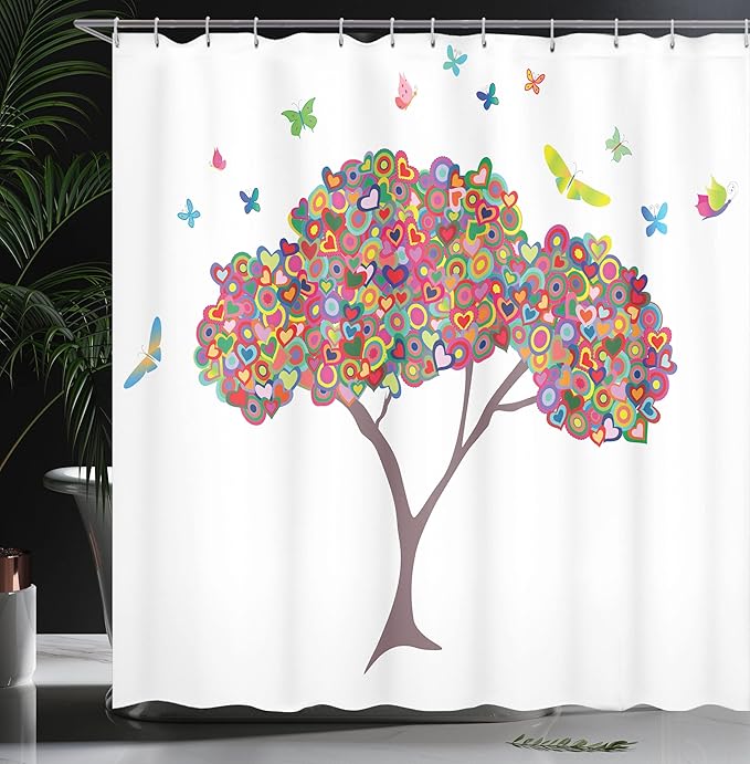 Ambesonne Tree of Life Shower Curtain, Colorful Nature Butterflies Heart Happiness Love Theme Bloom Summer Season, Cloth Fabric Bathroom Decor Set with Hooks, 69" W x 70" L, Yellow Magenta