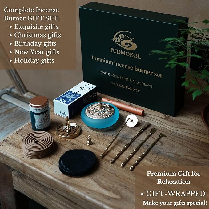 Powder Incense Burner Kit with Brass Censer, Incense Ash Tools and Mold Press Set, Complete Gift Box for Meditation, Yoga and Home Relaxation