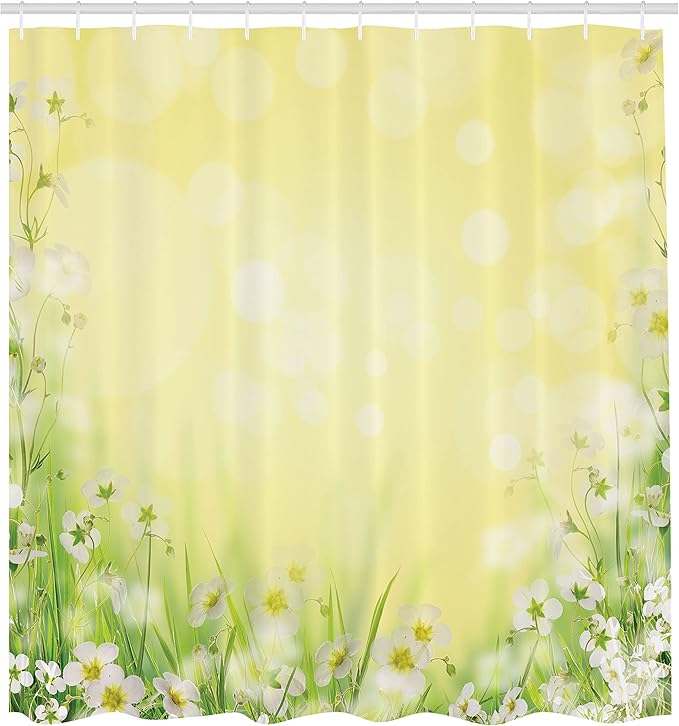 Ambesonne Flower Shower Curtain, Flowering Field with Fresh Grass Soft Springtime Pale Colored Blurred Image, Cloth Fabric Bathroom Decor Set with Hooks, 69" W x 75" L, Yellow Green