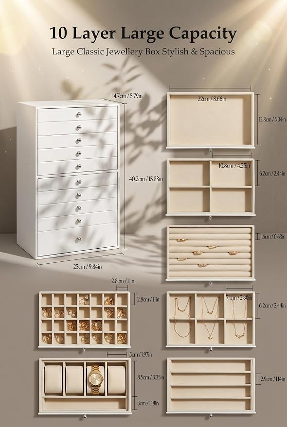 GUKA Large Jewelry Box, Jewelry Case with 10 Drawers for Big and Small Jewelry, Jewelry Storage Organizer for Watch Earrings Necklace Rings Bracelets, Birthday Wedding Gifts, White