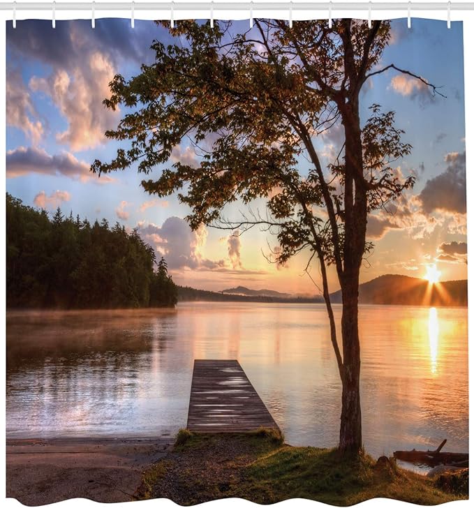 Ambesonne Seascape Shower Curtain, Wooden Bridge Shore of Seventh Lake Tree Sunbeam at Sunset Water Reflection Tranquility, Cloth Fabric Bathroom Decor Set with Hooks, 69" W x 84" L, Brown Peach