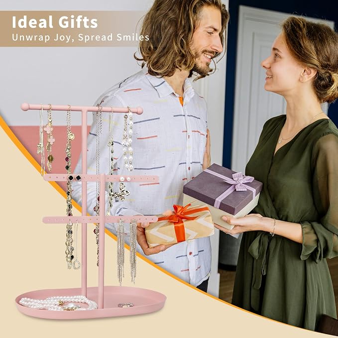 Saydear 3-Tier Jewelry Organizer Stand, Earring Holder Necklace Tree | Pink Metal Earring Rails With Top Necklace Bar, Oval Tray Base, Ideal Vanity Dresser Decor, Gift For Her