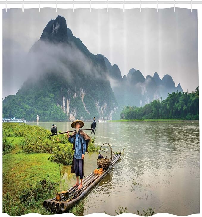 Ambesonne Landscape Shower Curtain, Traditional Chinese Fisherman with Birds and Basket on River Fog Mountains Trees, Cloth Fabric Bathroom Decor Set with Hooks, 69" W x 75" L, Slate Blue