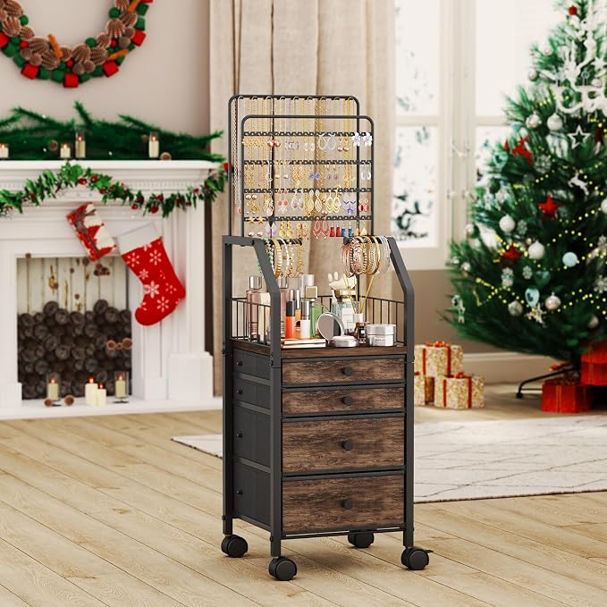 SWTYMIKI Jewelry Organizers and Storage- Multifunctional Stand Jewelry Organizer Cabinet for Necklace, Earring, Ring & Bracelet - Jewelry Box Necklace Holder with 4 Nonwoven Drawers & Wheel Espresso