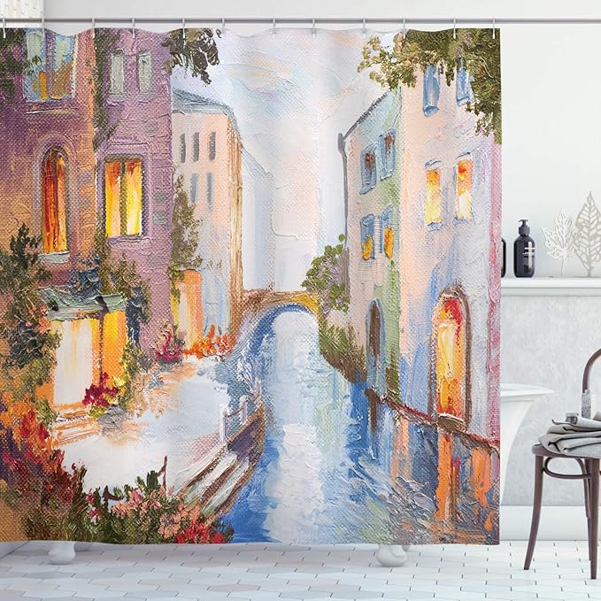 Ambesonne Venice Shower Curtain, Historical City Vintage Houses Water Canal Venice Italy Oil Painting, Cloth Fabric Bathroom Decor Set with Hooks, 69" W x 70" L, Orange Ivory