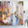 Ambesonne Venice Shower Curtain, Historical City Vintage Houses Water Canal Venice Italy Oil Painting, Cloth Fabric Bathroom Decor Set with Hooks, 69" W x 70" L, Orange Ivory