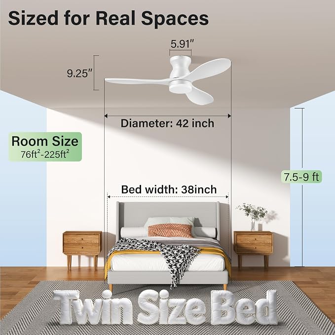 42" Wood Ceiling Fans with Lights Remote,Smart Control via Voice Alexa App,Quiet DC Motor,Flush Mount Hugger Modern Ceiling Fan for Low Profile Bedroom,Patio,Porch,Outdoor Indoor,Dim LED,3 Blade,White