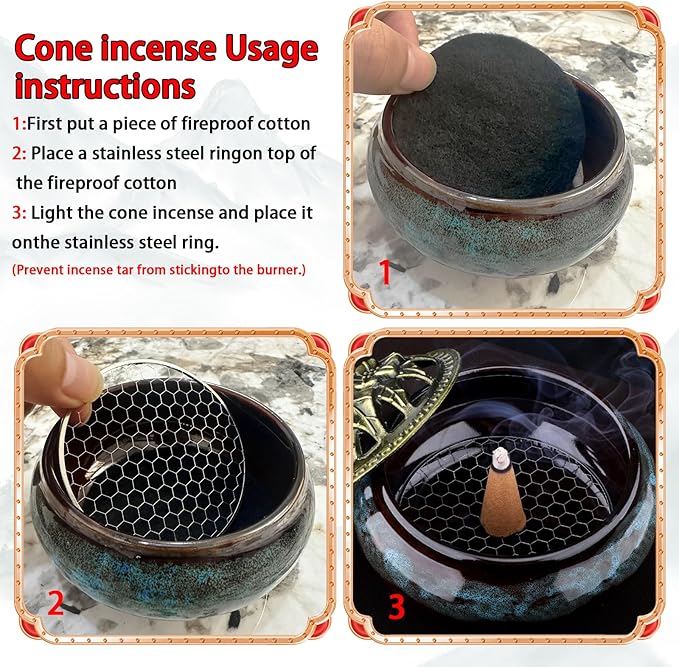 Ceramic Incense Burner Holder Set – 9 Hole Incense Stick Holder with Coil Incense Holder & Burner Tray – Multi-Function Censer for Cones, Coil Incense, and Stick Incense (Fambe Blue)