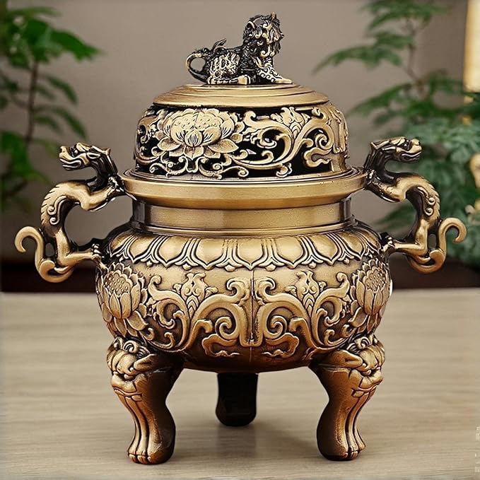 Antique Chinese Brass Incense Burner & Censer – Handmade Solid Brass with Fu Lion Foo Dog Lid, Feng Shui for Zen Meditation, Altar, Home Office Decor (5.5in, 670g), Harmony & Peace
