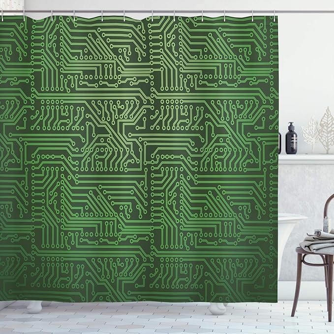 Ambesonne Digital Shower Curtain, Computer Art Backdrop with Circuit Board Diagram Hardware Wire Illustration, Cloth Fabric Bathroom Decor Set with Hooks, 69" W x 84" L, Fern Green
