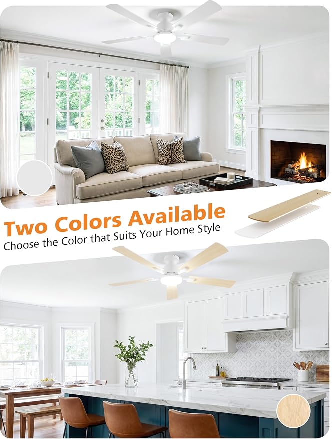 VOLISUN 52 Inch Ceiling Fan with Lights Flush Mount, Low Profile Ceiling Fans with Lights, Remote&APP Control,Dimmable 22W LED Light,Queit&Reversible Fan, White Ceilings Fans for Bedroom, Living Room
