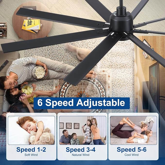 Rayqueen 72 Inch Black Ceiling Fans with Lights and Remote,Includes Downrod | Black Blades,6 Speed Reversible DC motor,3-color temperature dimmable LED.5.9/11.8/23.6 inch downrod
