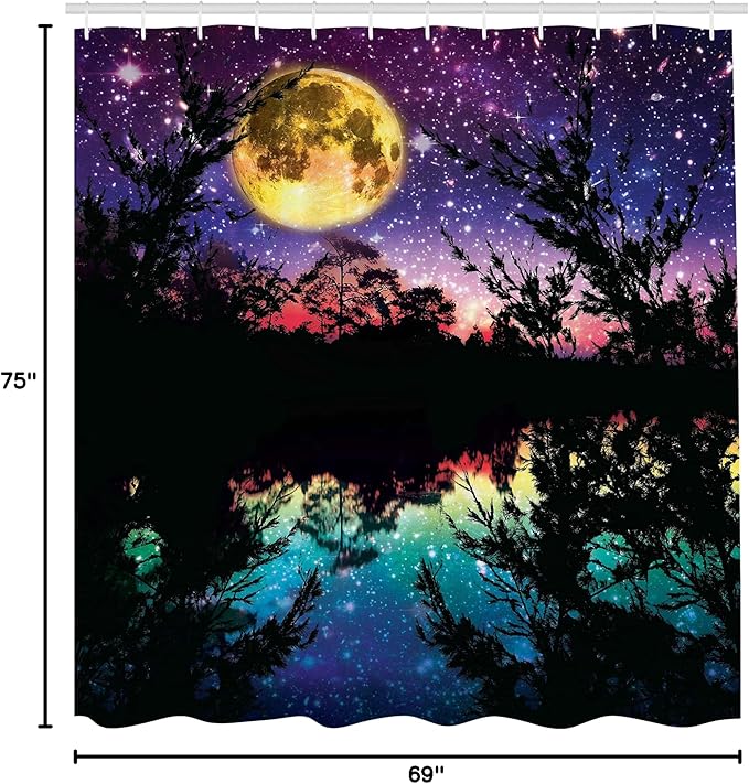 Ambesonne Purple Shower Curtain, Lake Moonlight Stars in Night Sky with Trees Contemporary Modern Design, Cloth Fabric Bathroom Decor Set with Hooks, 69" W x 75" L, Dark Colors