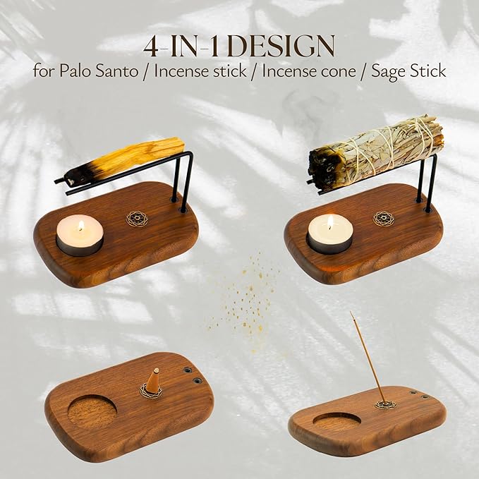 4 in 1 Walnut Wood Palo Santo Holder Hand-Crafted Incense Sticks Holder for Burning Sage with Booklet The Most Complete Palo Santo Holder for Your Meditation Room Home Decor Gift