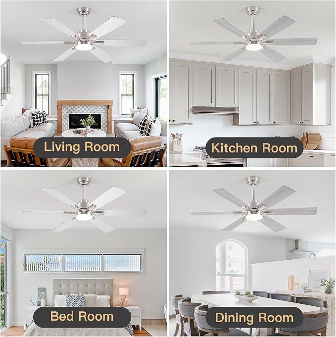 OURSTAR Ceiling Fans with Lights and Remote Control, Brushed Nickel Ceiling Fan with Light 3-Color Dimmable, Memory for Lighting and Fan Reversible, 6-Speed, Timer, Indoor/Outdoor Use, 52 Inch