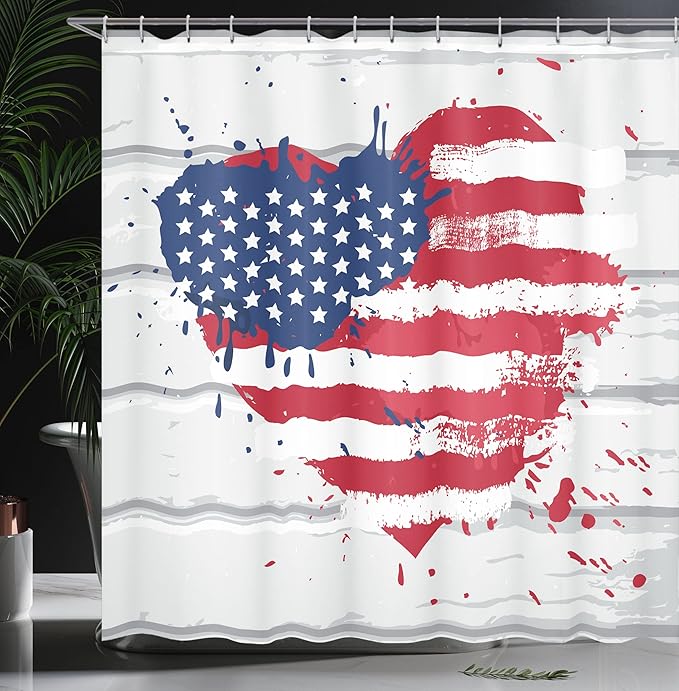 Ambesonne Americana Shower Curtain, USA Flag in Heart Shape on Wood Holiday Splattered Grunge Style Illustration, Cloth Fabric Bathroom Decor Set with Hooks, 69" W x 70" L, Cream Blue