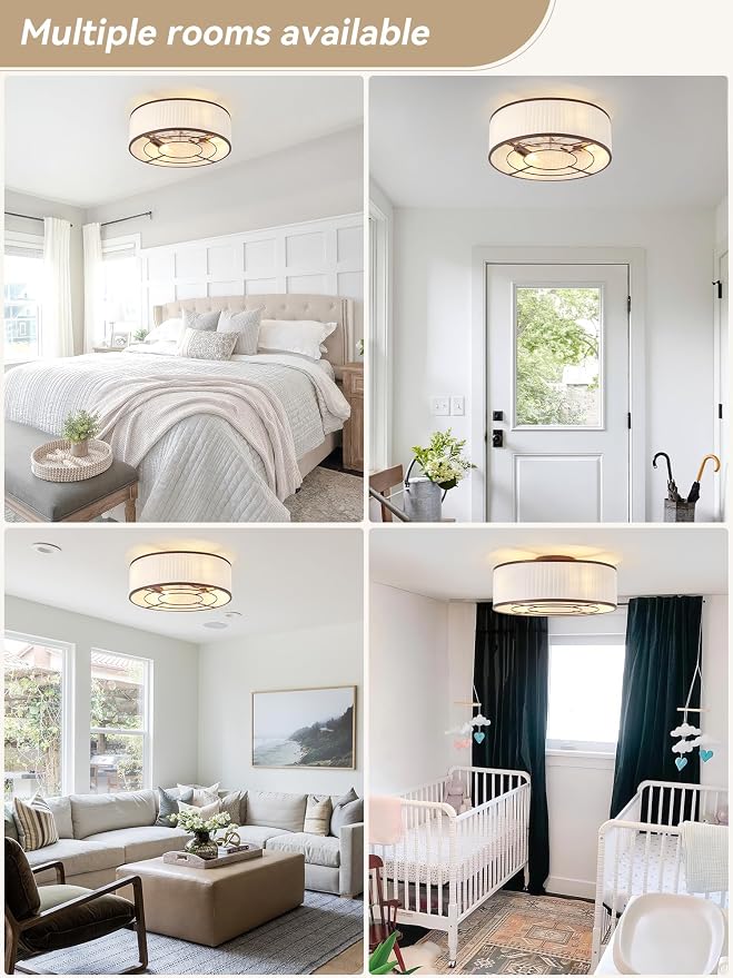 Boho Ceiling Fan with Light Flush Mount, 20" Brown Caged Ceiling Fan with Lights Remote Control, Bladeless Ceiling Fans 6 Speeds for Bedroom, Living Room, Nursery