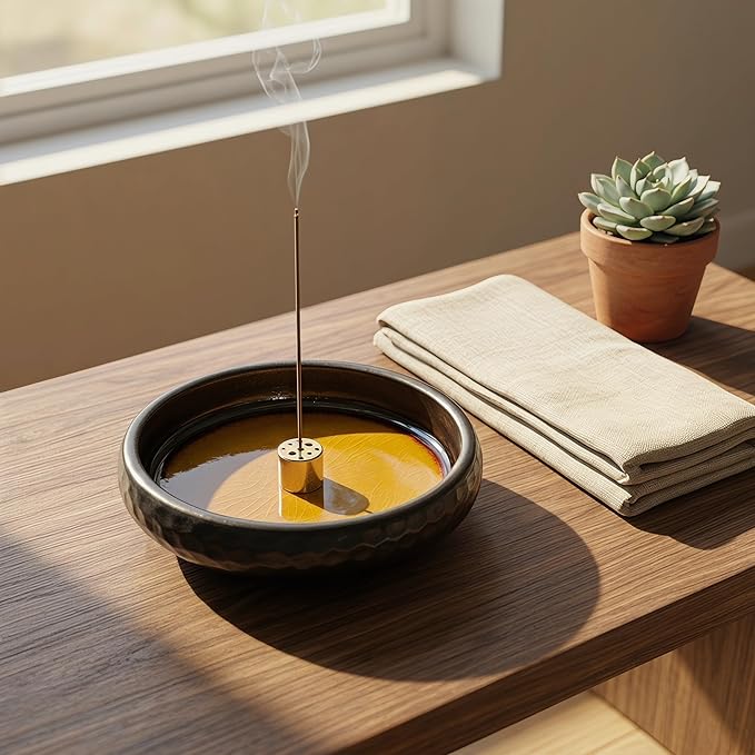 6 Inch Incense Burner Holder Handmade Ceramic,Crackle Glaze Yellow Incense Holders for Sticks,Multi-Functional Incense Burner Bowl Ash Catcher,Coil Incense Holder,Ideal for Meditation,Yoga,Home Décor