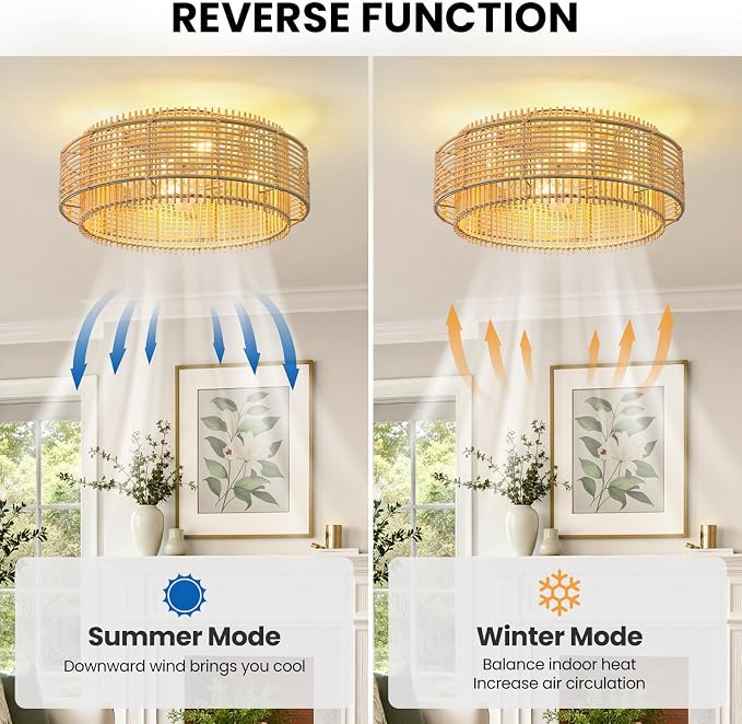 KAISITE Boho Caged Ceiling Fan with Light and Remote Control 19" Rattan Fandelier 6 Speeds Low Profile Bladeless Ceiling Fan Flush Mount Chandelier Fan for Bedroom Living Room