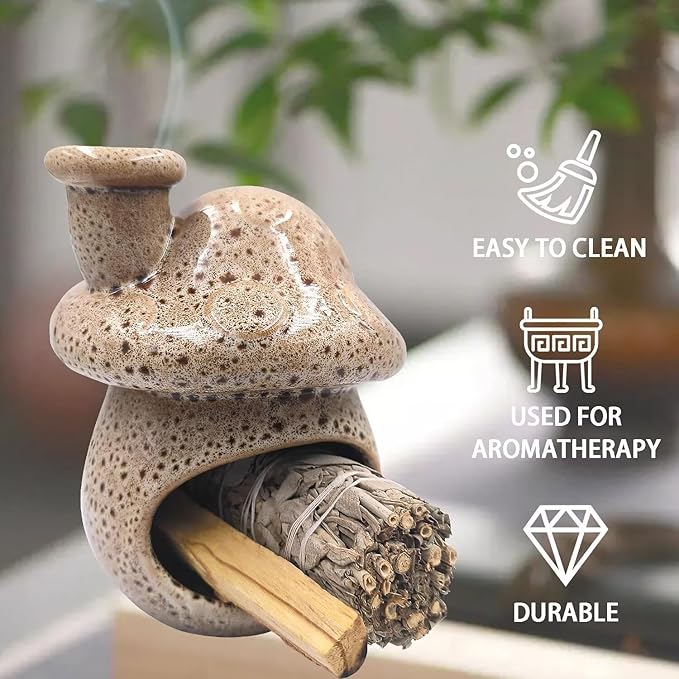 Palo Santo Holder and Sage Burner,Ceramic Mushroom Incense Cone Burner,Mini Chiminea Sage Ash Catcher, Smudge Bowl for Yoga Meditation Home Decor,Speckled White