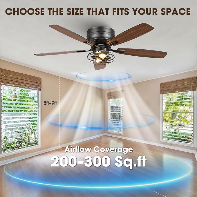 48" Flush Mount Farmhouse Ceiling Fans with Lights and Remote, 6-Speed Quiet Reversible Motor, Timing Function Low Profile Ceiling Fan for Bedroom Living Room Patio