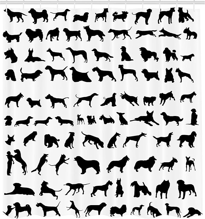 Ambesonne Dog Lover Shower Curtain, Silhouettes of Different Breeds of Dogs Chow Chow Shepherd Pinscher Spaniel, Cloth Fabric Bathroom Decor Set with Hooks, 69" W X 75" L, White Charcoal