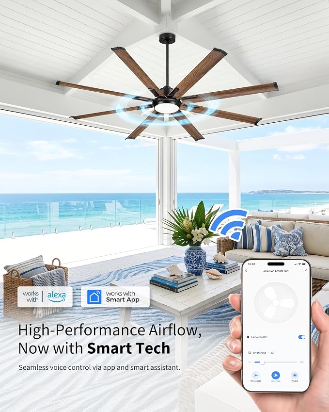 72 Inch Ceiling Fan with Light, Industrial Design with 8 Aluminum Blades, Smart Control Compatible with Alexa, Indoor Outdoor Garage Fan for Living Room Patio, Model ZCCF04WD-72