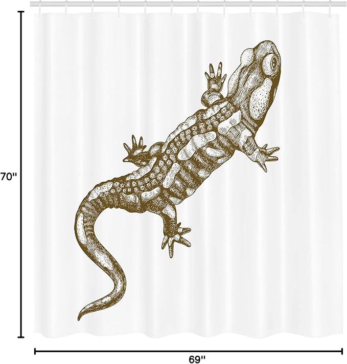 Ambesonne Animal Shower Curtain, Exotic Salamander Lizard Retro Styled Reptile Wilderness Theme Sketchy Illustration, Cloth Fabric Bathroom Decor Set with Hooks, 69" W x 70" L, White Beige